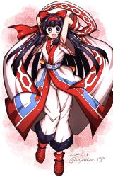 Rule 34 | 1girl, ainu clothes, armpits, arms behind head, artist name, breasts, dated, fingerless gloves, gloves, hair ribbon, highres, legs, long hair, looking at viewer, medium breasts, nakoruru, open mouth, purple eyes, purple hair, ribbon, samurai spirits, smile, snk, solo, the king of fighters, thighs, tongue, weapon