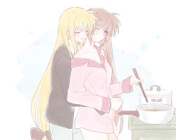 Rule 34 | 2girls, black ribbon, blonde hair, blue eyes, breasts, brown hair, cleavage, closed eyes, collarbone, cooking, couple, fate testarossa, frying pan, hair ribbon, happy, highres, hug, hug from behind, long hair, lyrical nanoha, mahou shoujo lyrical nanoha, multiple girls, one eye closed, open mouth, ribbon, shiyoi, side ponytail, smile, takamachi nanoha, very long hair, yuri