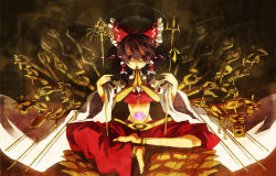 1girl 9ji anklet arrow_(projectile) barefoot bell bow bow_(weapon) bracelet brown_hair buddhism conch detached_sleeves extra_arms female_focus flower food fruit grapes hair_bow hakurei_reimu hinduism japanese_clothes jewelry lotus manji miko polearm scythe short_hair skull solo spear staff touhou trident weapon wheel