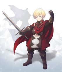 1boy aroha_j black_gloves blonde_hair boots cape dylan_the_island_king gloves green_eyes highres holding holding_sword holding_weapon male_focus pixiv_fantasia pixiv_fantasia_last_saga red_cape standing sword weapon white_background