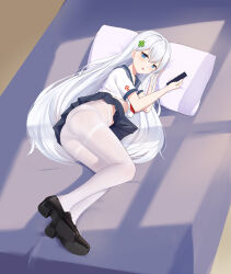 1girl absurdres ass blue_eyes blush gu_ling_yu highres loafers long_hair looking_at_viewer lying on_side open_mouth panties panties_under_pantyhose pantyhose shoes underwear white_hair white_panties white_pantyhose