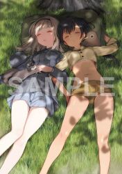 2girls bird black_hair blonde_hair closed_eyes dappled_sunlight dark-skinned_female dark_skin flocke_(luminous_witches) garrison_cap grass green_shorts grey_shirt hairband hat jacket kyuu-chan_(luminous_witches) long_hair luminous_witches lying manaia_matawhaura_hato maria_magdalena_dietrich midriff military military_uniform multiple_girls navel official_art on_grass outdoors pillow sample_watermark shimada_fumikane shirt shorts skirt sleeping squirrel stomach sunlight tree watermark world_witches_series