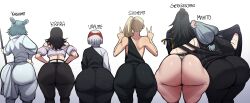 5boys absurdres ass black_hair blackwhiplash blonde_hair brown_hair clothes english_text getou_suguru gradient_background green_hair grey_hair hand_on_another&#039;s_head highres hoshi_kirara huge_ass jujutsu_kaisen kashimo_hajime long_hair looking_back mahito_(jujutsu_kaisen) medium_hair multiple_boys ponytail shigemo_haruta uraume_(jujutsu_kaisen)