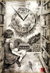1girl animal bird book bookshelf building clock cloud dress fractal_underground_studio kneehighs mary_janes monochrome original plant shirt shoes short_hair short_sleeves sitting sky sleeveless sleeveless_dress socks tree