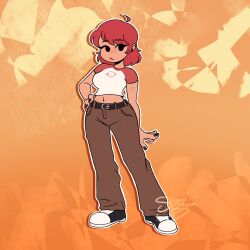 1girl ahoge belt black_belt black_eyes black_nails breasts brown_pants commentary_request friday_night_funkin&#039; full_body hand_on_own_hip highres large_breasts medium_hair midriff navel navel_piercing no_sclera original pants parody piercing red_hair solo spanish_commentary strange_bloom style_parody two-tone_shirt