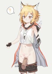 1boy 1girl ? absurdres animal_ear_fluff animal_ears arknights armor bare_shoulders black_gloves blonde_hair chinese_commentary clothes_pull commentary_request crop_top cropped_shirt disembodied_penis fingerless_gloves gauntlets gloves grey_background groin hair_ornament hairclip heart hetero highres jewelry ke&#039;ai_de_ri_bao material_growth navel orange_eyes oripathy_lesion_(arknights) pendant penis sex shirt short_hair shorts shorts_pull simple_background single_gauntlet sleeveless sleeveless_shirt spoken_question_mark standing standing_sex uncensored vaginal vermeil_(arknights) white_shirt