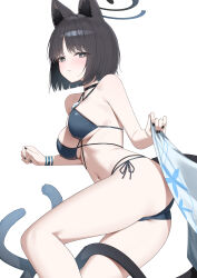 1girl absurdres animal_ears ass bikini black_eyes black_nails black_tail blue_archive blue_bikini blue_halo blue_tail cat_ears cat_girl cat_tail closed_mouth colored_inner_animal_ears criss-cross_straps gradient_tail halo haori highres japanese_clothes kikyou_(blue_archive) kikyou_(swimsuit)_(blue_archive) layered_bikini light_blush looking_at_viewer lying multi-strapped_bikini_bottom multiple_tails n4_h4m nail_polish official_alternate_costume on_side simple_background solo swimsuit tail two_tails white_background