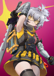 Rule 34 | 1girl, absurdres, armpits, arms up, black gloves, breasts, cowboy shot, dodo (yatotoyatoto), fingerless gloves, gloves, hair between eyes, highres, holding, holding sword, holding weapon, looking at viewer, parted lips, purple background, serious, sidelocks, simple background, small breasts, soldier 11 (zenless zone zero), solo, sword, v-shaped eyebrows, weapon, white hair, zenless zone zero