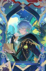 1boy 7e07o abstract_background absurdres alhaitham_(genshin_impact) black_gloves blue_background book cape coffee_beans commentary cup earpiece fingerless_gloves genshin_impact gloves gold_trim green_background green_cape green_eyes green_shirt grey_hair highres holding holding_book holding_cup jewelry long_sleeves male_focus parted_lips profile ring shirt short_hair solo symbol-only_commentary vision_(genshin_impact)