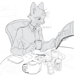 1boy animal_hands babeldj body_fur cat_boy chair claws commentary_request cup food furry furry_male greyscale holding holding_cup holding_newspaper male_focus monochrome mug newspaper original simple_background sitting solo table tea teapot upper_body white_background