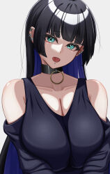 Rule 34 | 1girl, :d, aqua eyes, barbell piercing, bigthirteen0301, black choker, black dress, black hair, bocchi the rock!, breasts, chin piercing, choker, colored inner hair, detached sleeves, dress, ear piercing, earrings, eyes visible through hair, goth fashion, hair between eyes, highres, hime cut, industrial piercing, jewelry, labret piercing, large breasts, lip piercing, long hair, looking at viewer, multicolored hair, open mouth, pa-san, piercing, purple eyes, simple background, sleeveless, sleeveless dress, smile, solo, straight hair, upper body, v arms, very long hair, white background