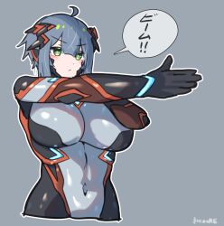 Rule 34 | 1girl, ahoge, artist name, blue hair, bodysuit, breasts, colossus (natsukaze shigure), covered navel, giant, giantess, green eyes, grey background, grey hair, headgear, highres, impossible bodysuit, impossible clothes, large breasts, magical girl, meme, natsukaze shigure, original, science fiction, short hair, signature, simple background, skin tight, solo, speech bubble, virtual youtuber