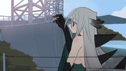 1boy 1girl black_pants black_skin blue_sky blurry blurry_foreground blush breasts brown_hoodie claws closed_mouth colored_skin dam day foliage from_side fuji_misato giant giantess grey_hair highres hood hood_down hoodie horns kaiju kuroshio_current large_breasts long_hair looking_at_another monster_girl mountainous_horizon multicolored_skin nude outdoors pants partially_submerged power_lines profile railing reaching reaching_towards_another red_eyes rytoua318 samemi_(kuroshio_current) size_difference sky spines squatting tower very_long_hair water
