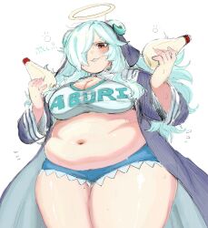 1girl belly blue_robe blue_shorts blush breasts cleavage crop_top doubliel fat fat_woman hair_over_one_eye halo horns large_breasts long_hair mahjong_fight_girl mayonnaise mayonnaise_bottle messy_hair mofujiro mole mole_on_thigh navel one_eye_covered open_clothes open_robe red_eyes robe shirt short_shorts shorts smile solo standing sweat thick_thighs thighs white_background white_hair white_shirt