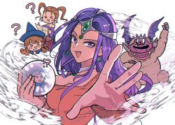 !? 1boy 3girls ? aerokinesis air_current alena_(dq4) asymmetrical_dress blue_hat bracelet breasts chibi chibi_inset circlet cleavage corset crystal_ball dark-skinned_female dark_skin dragon_quest dragon_quest_iv dragon_quest_rivals dragon_quest_vi dragon_quest_viii dress earrings forehead_jewel gem green_gemstone hands_up hat hennin holding_orb jessica_albert jewelry long_hair long_sleeves looking_at_viewer magic minea_(dq4) monizel monster multiple_girls neck_ring off-shoulder_shirt off_shoulder open_mouth orange_dress orange_hair orb outstretched_arm outstretched_hand purple_eyes purple_hair purple_shirt reaching reaching_towards_viewer shirt short_hair silver_circlet single_bare_shoulder single_sleeve smile solo_focus sphere_earrings terry_(dq6) twintails upper_body white_hair wind