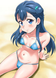 10s 1girl arm_support bare_shoulders beach bikini blue_bikini blue_eyes blue_hair blush breasts cameltoe collarbone covered_erect_nipples female_focus groin hair_bobbles hair_bun hair_ornament hugtto!_precure lips long_hair looking_at_viewer precure sand side_bun single_hair_bun single_side_bun sitting small_breasts smile solo string_bikini swimsuit yakushiji_saaya youkan