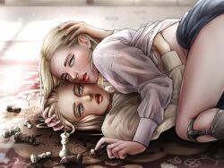 1boy 1girl a_m_mill blonde_hair blue_eyes brother_and_sister chess_piece highres lips lipstick long_hair looking_at_viewer makeup monica_(romancing_saga_3) open_mouth romancing_saga_3 saga siblings skirt thigh_strap twins