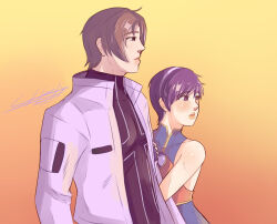 1boy 1girl asamiya_athena brown_hair charlyarts jacket kusanagi_kyou psycho_soldier purple_hair short_hair snk the_king_of_fighters the_king_of_fighters_2001 tomboy white_jacket