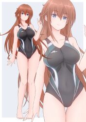 1girl absurdres alice_gear_aegis alternate_hair_length alternate_hairstyle barefoot black_one-piece_swimsuit blue_eyes border breasts brown_hair collarbone competition_swimsuit covered_navel cowboy_shot full_body grey_background highres kanagata_sugumi large_breasts long_hair looking_at_viewer one-piece_swimsuit simple_background smile solo standing swimsuit tubamesaapoo two-tone_background white_border zoom_layer