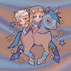118ween 2boys beanie beard blonde_hair blue_eyes blue_mask blue_pants blue_shirt boots brown_hat brown_pants chibi chibi_only closed_mouth commentary commentary_request cowboy_boots cowboy_hat facial_hair goggles goggles_on_headwear grin gyro_zeppeli hat holding holding_reins horse horseback_riding horseshoe horseshoe_hat_ornament johnny_joestar jojo_no_kimyou_na_bouken long_hair long_sleeves lowres male_focus mask mask_on_head multiple_boys pants reins riding shirt smile sparkle spurs star_(symbol) star_print steel_ball_run valkyrie_(jojo) white_hat white_shirt wristband