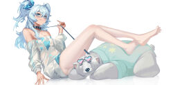 1girl :q bare_shoulders barefoot bear blue_eyes blue_hair bluebeel2 blush breasts cleavage commentary english_commentary feet florence_(girls&#039;_frontline_2) from_side full_body girls&#039;_frontline girls&#039;_frontline_2:_exilium glasses hair_between_eyes hand_up heart heart-shaped_pupils highres holding_own_leash legs_up long_hair looking_at_viewer medium_breasts off-shoulder_shirt off_shoulder pa-15_(girls&#039;_frontline) pa-15_(marvelous_yam_pastry)_(girls&#039;_frontline) pantyhose shirt smile soles solo symbol-shaped_pupils toes tongue tongue_out