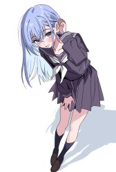 1girl absurdres black_socks blue_hair blush brown_shoes collarbone commentary_request fingernails full_body grey_serafuku highres idolmaster idolmaster_shiny_colors jie-se_(kuai_mian_biao) kneehighs leaning_forward loafers long_hair long_sleeves looking_at_viewer neckerchief no_dickey pleated_skirt revision school_uniform serafuku shadow shoes simple_background skirt smile socks solo straight_hair suzuki_hana tucking_hair white_background white_neckerchief