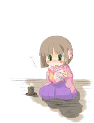 Rule 34 | 1girl, blush, brown hair, censored, commentary request, cup, etrian odyssey, flower, full body, green eyes, hair flower, hair ornament, japanese clothes, kazuiyun, kimono, manga (object), mosaic censoring, open mouth, pink flower, pink kimono, purple skirt, reading, sekaiju no meikyuu, sekaiju no meikyuu 3, shinobi (sekaiju), shinobi 4 (sekaiju), short hair, simple background, skirt, solo, white background, yunomi