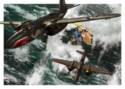 &gt;_&lt; a-20_havoc aircraft airplane blonde_hair blue_shirt border breast_pocket breasts collared_shirt commentary_request english_text fairy_(kancolle) gambier_bay_(kancolle) gloves hairband helmet highres kantai_collection kill_markings large_breasts long_hair military_vehicle mini_person minigirl multicolored_gloves multicolored_hairband multicolored_shorts nose_art ocean open_mouth outdoors pilot pilot_helmet pocket propeller shark_nose_art shirt short_sleeves shorts thighhighs timmyyen twintails vehicle_focus white_border