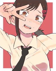 1girl black_hair black_necktie breasts chainsaw_man collared_shirt fingernails furrowed_brow gan2 hair_ornament hairclip hand_up higashiyama_kobeni highres medium_breasts mole mole_above_mouth mole_under_eye mole_under_mouth multiple_moles necktie open_mouth orange_eyes ponytail shirt short_hair short_ponytail solo tears teeth upper_body upper_teeth_only v v_over_eye white_shirt