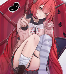 1girl absurdres azmax black_choker black_panties black_shirt black_skirt blush bow bowtie cardigan chinese_commentary choker commentary_request green_eyes grey_socks hair_between_eyes highres holding holding_umbrella layered_skirt long_hair long_sleeves miniskirt over-kneehighs panties pink_cardigan pleated_skirt red_hair red_umbrella school_uniform serafuku shirt simple_background single_over-kneehigh single_thighhigh skirt socks solo squatting thigh_strap thighhighs twintails ukinami_yuzuha umbrella underwear white_background white_bow white_bowtie white_socks zenless_zone_zero