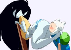 1boy 1girl absurdres adventure_time ass backpack bag barefoot black_hair blue_shirt blush breasts colored_skin fangs finn_the_human grey_skin hat highres inker_comics large_breasts long_hair marceline_abadeer panties pointy_ears shirt simple_background striped_clothes striped_panties thick_thighs thighs underboob underwear vampire yellow_shirt