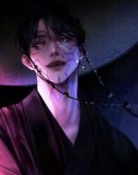 1boy absurdres black_hair black_hanbok br1ghtn3ss earrings eyes_visible_through_hair facial_tattoo fangs gat_(hat) gatkkeun hair_over_one_eye hanbok hat highres jewelry jinu_(kpop_demon_hunters) korean_clothes korean_traditional_hat kpop_demon_hunters looking_at_viewer male_focus parted_lips short_hair slit_pupils solo star_(symbol) star_earrings tattoo teeth upper_body upper_teeth_only yellow_eyes