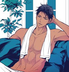 1boy a_jou abs aomine_daiki arm_behind_head arm_up black_hair closed_mouth collarbone commentary_request dark-skinned_male dark_skin groin indoors kuroko_no_basuke leaning leaning_back looking_ahead male_focus navel pants pectorals pillow plant short_hair sitting solo topless_male towel towel_around_neck wet white_pants window