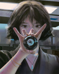 1girl ball billiard_ball brown_eyes brown_hair highres jewelry looking_at_viewer necklace original photorealistic pluvium_grandis realistic solo