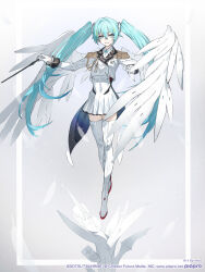 Rule 34 | 1girl, aiguillette, aqua eyes, aqua hair, artist name, blonde hair, boots, closed mouth, commentary request, company name, conductor baton, copyright notice, cropped jacket, dress, english text, epaulettes, falling feathers, feathers, floating hair, full body, gloves, gundam, gundam wing, gundam wing: endless waltz, hair ornament, half mask, hatsune miku, highres, holding baton, inset border, instrument, jacket, long sleeves, looking at viewer, mask, mechanical wings, multicolored hair, neco, official art, outstretched arms, pleated dress, smile, solo, streaked hair, sword, thigh boots, twintails, violin, vocaloid, watermark, weapon, web address, white boots, white dress, white gloves, white jacket, white wings, wing gundam zero custom, wings