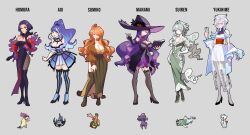 absurdres basculegion basculegion_(female) black_footwear black_pantyhose black_thighhighs blue_eyes blue_hair blue_thighhighs blue_trim book boots breasts chandelure cleavage closed_mouth coat colored_eyelashes commentary creature_and_personification dress elbow_gloves english_commentary eyeshadow fire froslass gen_4_pokemon gen_5_pokemon gen_6_pokemon gloves gourgeist green_dress green_footwear green_skirt grey_background grey_pantyhose hair_over_one_eye hat high_heels high_ponytail highres hisuian_typhlosion holding holding_book large_breasts long_hair long_skirt makeup medium_hair mismagius nintendo official_art_inset open_clothes open_coat original pantyhose pencil_dress personification pokemon pokemon_(creature) ponytail purple_dress purple_eyeshadow purple_fire purple_footwear purple_gloves purple_hair purple_lips red_eyes red_nails rhymewithray short_hair side_slit simple_background skirt smile strapless strapless_dress thigh_boots thighhighs two-tone_thighhighs white_coat white_hair witch_hat yellow_eyes