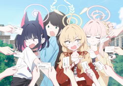 Rule 34 | 4girls, 6+others, after-school sweets club (blue archive), ahoge, airi (band) (blue archive), airi (blue archive), anger vein, angry, animal ears, animal print, black choker, black hair, black jacket, blonde hair, blue archive, blue halo, blue jacket, brown hair, card, cat ears, cat girl, cat print, choker, closed mouth, clothes around waist, colored inner animal ears, colored inner hair, earrings, extra ears, game cg, green eyes, hair bun, hair ribbon, halo, hand on own chin, highres, holding, holding card, jacket, jacket around waist, jewelry, kazusa (band) (blue archive), kazusa (blue archive), low twintails, multicolored hair, multiple girls, multiple others, natsu (band) (blue archive), natsu (blue archive), nervous sweating, non-web source, official alternate costume, official alternate hairstyle, official art, open mouth, pink eyes, pink hair, pink halo, red jacket, red ribbon, ribbon, shirt, short sleeves, single side bun, smile, stud earrings, sweat, t-shirt, twintails, two-tone hair, upper body, white shirt, yellow eyes, yellow halo, yellow jacket, yoshimi (band) (blue archive), yoshimi (blue archive)