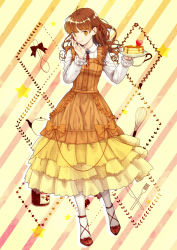 1girl bad_id bad_pixiv_id brown_eyes brown_hair cake cross-laced_footwear dress female_focus food fork full_body heart holding holding_plate jam knife layered_dress long_hair long_sleeves looking_at_viewer midorino midorino328 morinaga_(brand) original pancake pantyhose personification plant plate see-through_clothes shoes solo standing teapot white_pantyhose yellow_dress