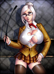 1girl breasts brown_eyes candra choker cleavage covered_erect_nipples formal_clothes glasses grey_hair hair_bun hand_on_thigh large_breasts lips nail_polish nipples panties prison_school red_nails red_panties riding_crop shiny_clothes shiny_skin shiraki_meiko shirt short_hair single_hair_bun skirt suit thick_thighs thigh_grab thighhighs thighs torn_clothes underwear whip