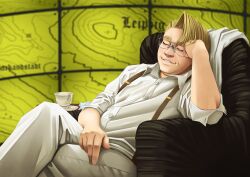 Rule 34 | 1boy, absurdres, chair, coat, cup, germany, glasses, gloves, hand on own cheek, hand on own face, hellsing, highres, major (hellsing), majorette (artist), male focus, map, nazi, on chair, pants, shirt, short hair, sleeping, solo, suspenders, teacup, white coat, white gloves, white pants, white shirt