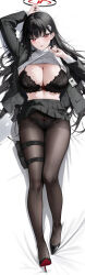 Rule 34 | 1girl, abab xiaxia, black bra, black hair, black jacket, black nails, black panties, black pantyhose, black shoes, black skirt, blue archive, blush, bow, bow bra, bow panties, bra, breasts, bright pupils, cleavage, clothes lift, commentary request, dakimakura (medium), full body, grey sweater, hair ornament, hairclip, halo, high heels, highres, id card, jacket, large breasts, lifting own clothes, long hair, looking at viewer, lying, nail polish, on back, open clothes, open jacket, panties, pantyhose, parted lips, pleated skirt, pouch, red bow, red eyes, rio (blue archive), shoes, skirt, skirt lift, solo, sweater, sweater lift, thigh pouch, turtleneck, turtleneck sweater, underwear, very long hair