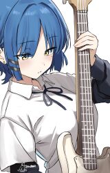 1girl bass_guitar black_undershirt blue_hair bocchi_the_rock! breasts collared_shirt earrings hair_ornament hairclip highres ikachan_(norach57) instrument jewelry mole shirt tagme watermark white_background white_shirt yamada_ryo yellow_eyes