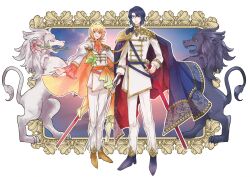 Rule 34 | 1boy, 1girl, artist name, ascot, athrun zala, blonde hair, blue hair, cagalli yula athha, cape, flower, flower in mouth, green eyes, gundam, gundam seed, highres, holding, holding sword, holding weapon, lion, looking at viewer, lunart1024, medal, military uniform, orange ascot, short hair, smile, sunset, sword, twitter username, unsheathed, watermark, weapon, white background, yellow eyes