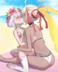 2girls absurdres ahoge ass bar_censor bikini blush bottomless breasts butt_crack censored closed_eyes commission commissioner_upload dark-skinned_female dark_skin earrings fate/grand_order fate_(series) flat_chest flower flower_bikini glowing glowing_hair hair_flower hair_ornament height_difference highres hug jewelry kama_(fate) kama_(swimsuit_avenger)_(fate) kama_(swimsuit_avenger)_(first_ascension)_(fate) kiss linhcoris long_hair medium_breasts multi-strapped_bikini_top multiple_girls okita_souji_(fate) okita_souji_alter_(swimsuit_saber)_(fate) okita_souji_alter_(swimsuit_saber)_(third_ascension)_(fate) pink_nails ponytail pussy pussy_juice sandals short_hair sitting sitting_on_lap sitting_on_person straddling sweat swimsuit tassel tassel_hair_ornament thigh_straddling thighhighs very_long_hair white_bikini white_hair white_thighhighs yuri