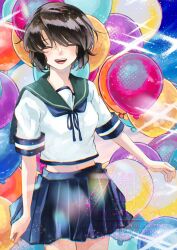 Rule 34 | 1girl, balloon, black hair, blue sailor collar, blue skirt, commentary request, cowboy shot, facing viewer, highres, kantai collection, miyuki (kancolle), pleated skirt, sailor collar, sailor shirt, school uniform, serafuku, shirt, short hair, skirt, solo, you (yht ak)