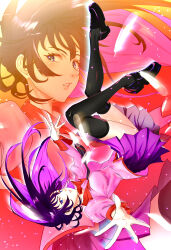 1girl 510_goto absurdres bakemonogatari black_necktie black_shoes black_thighhighs blue_eyes collared_shirt eyelashes falling_feathers falling_petals feathers floating_hair full_body gradient_background highres juliet_sleeves legs loafers long_hair long_sleeves looking_at_viewer miniskirt monogatari_(series) naoetsu_high_school_uniform necktie orange_background outstretched_arm parted_lips petals pink_shirt pleated_skirt puffy_sleeves purple_hair purple_skirt red_background school_uniform senjougahara_hitagi shirt shoes skirt thighhighs thighs upside-down zoom_layer