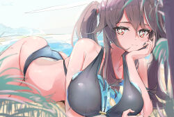 1girl absurdres ass bikini black_bikini black_nails breast_padding breasts_day brown_hair commentary flower-shaped_pupils genshin_impact good_breasts_day head_rest highres hooriyuu hu_tao_(genshin_impact) long_hair looking_at_viewer lying on_stomach red_eyes slime_(genshin_impact) solo swimsuit symbol-shaped_pupils twintails