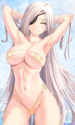 Rule 34 | 1girl, alchemist (girls&#039; frontline), armpits, arms behind head, bikini, breasts, ceilinginmyroom, commission, girls&#039; frontline, highres, large breasts, micro bikini, ocean, pixiv commission, sangvis ferri, sky, smile, solo, swimsuit, tagme, teeth, yellow eyes