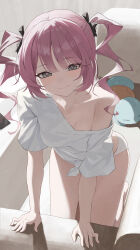 1girl absurdres black_ribbon blush closed_mouth hair_ribbon highres long_hair looking_at_viewer no_pants original re_naya ribbon shirt sidelocks single_bare_shoulder smile solo twintails white_shirt