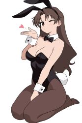 1girl 64vii absurdres animal_ear_hairband animal_ears azumanga_daiou black_bow black_bowtie black_leotard blowing_kiss blush bow bowtie breasts brown_eyes brown_hair brown_pantyhose cleavage detached_collar fake_animal_ears fake_tail female_focus hairband heart highleg highleg_leotard highres large_breasts leotard long_hair looking_at_viewer no_shoes one_eye_closed pantyhose playboy_bunny puckered_lips rabbit_ears rabbit_tail seiza simple_background sitting solo strapless strapless_leotard tail tanizaki_yukari thighs white_background wink wrist_cuffs